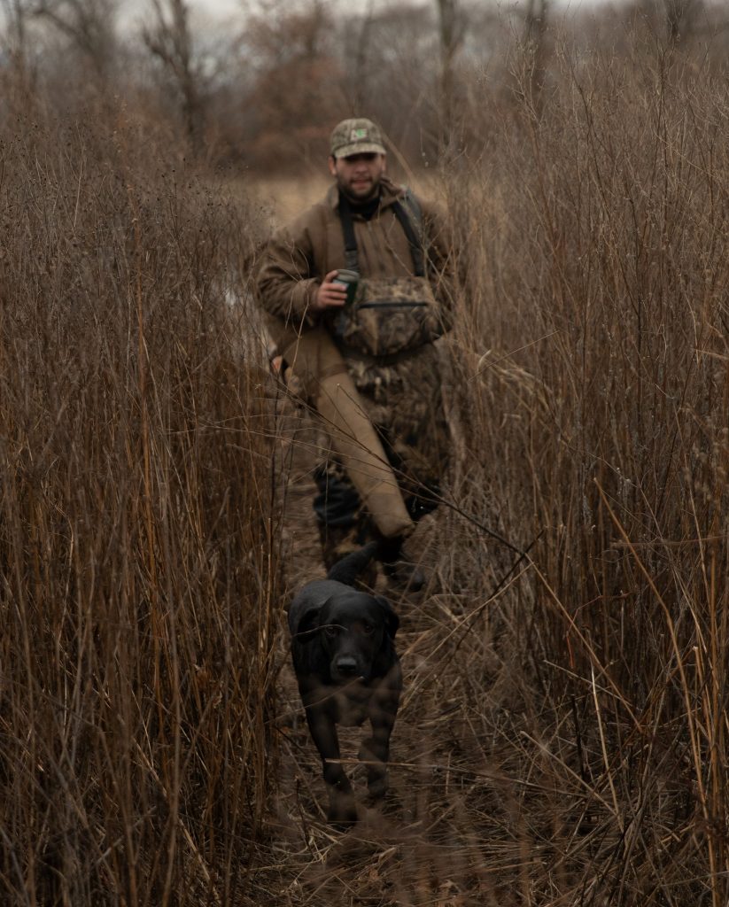 dog leading hunter through tall grass